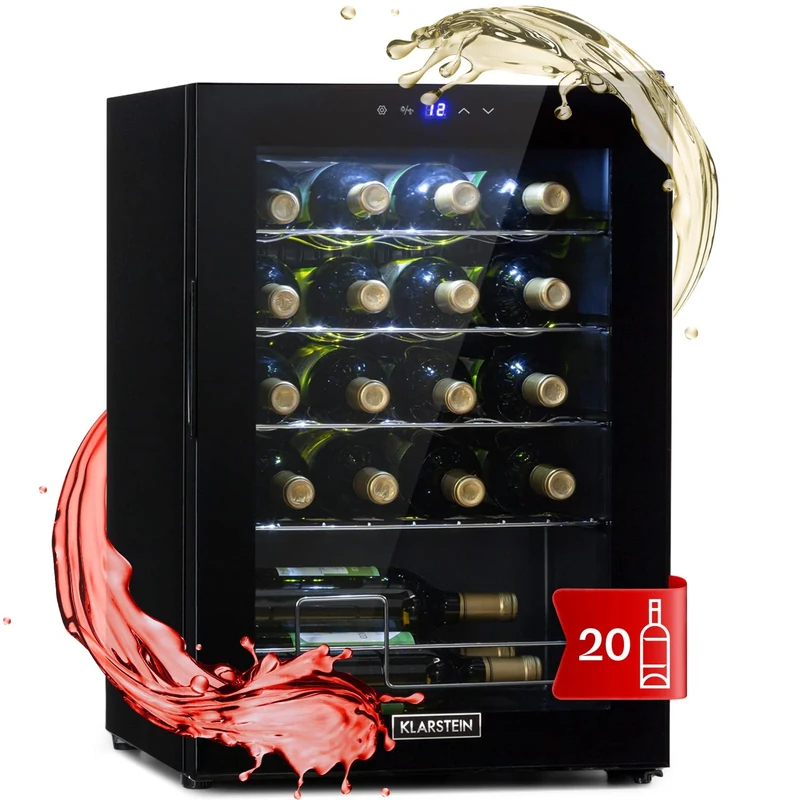 KLARSTEIN Freestanding Wine Cooler Fridge, 53L Single Zone Slimline Wine & Drinks Chiller, Glass Door, 20-Bottle Capacity