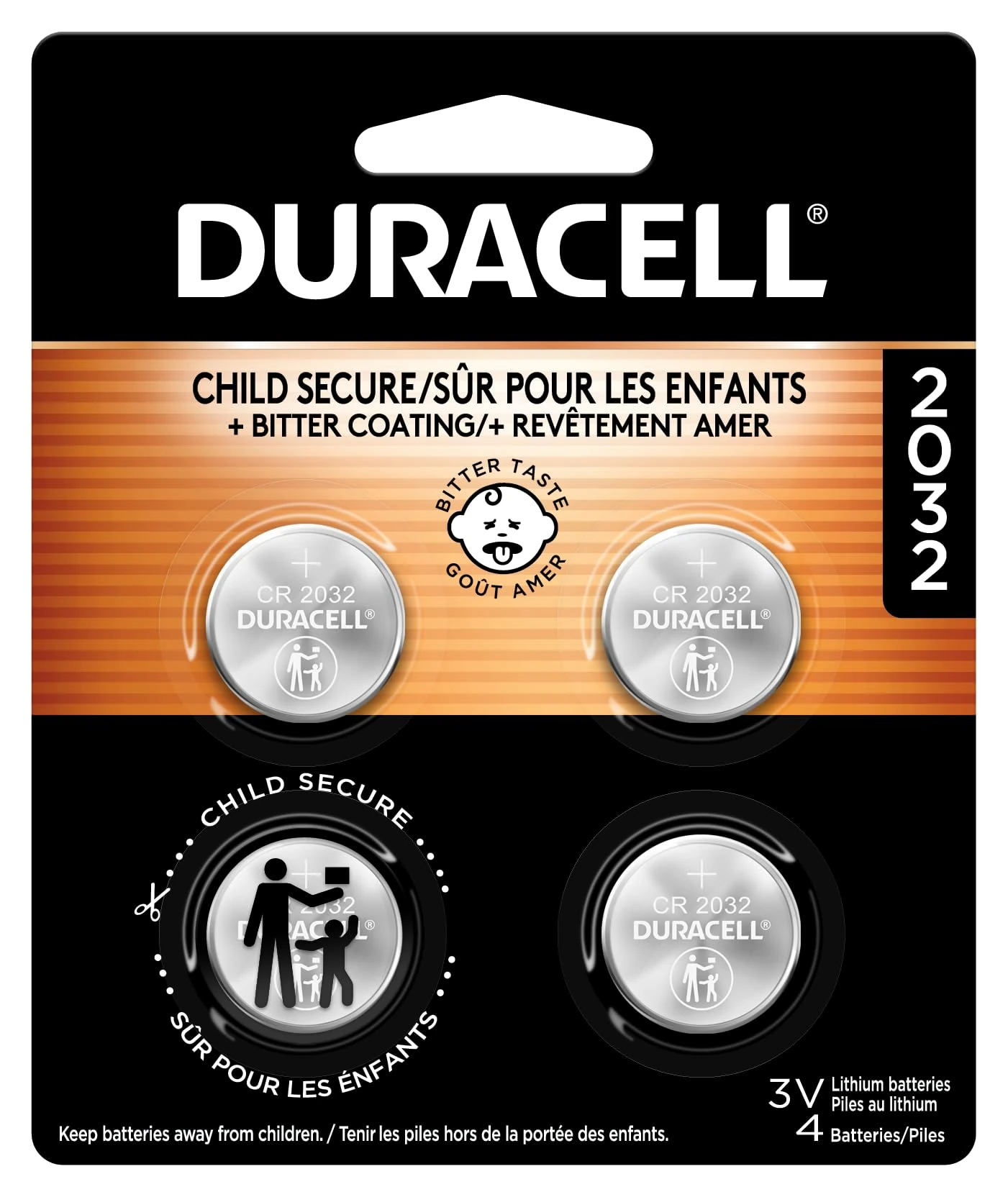 Duracell 2032 Lithium Battery, 4 Count (Pack of 1), Child Safety Features, Compatible with Key Fob, Tea Light Candles and Other Devices, CR2032 Battery