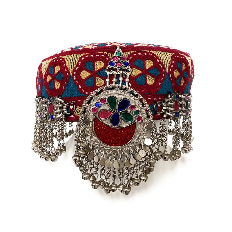 Duel On Jewel Turkman Ertuğrul Ghazi Halime Sultan Kayi Turkish Tribal Womens Multicolor Handmade Headpiece Vintage Antique Hat in Bells Pearls, Multicolor