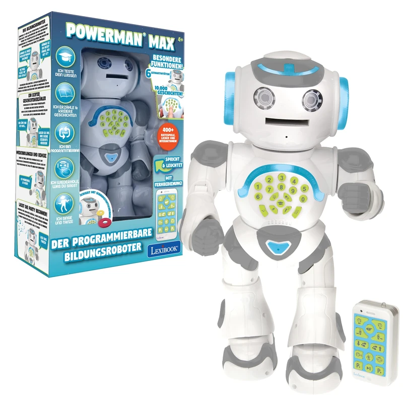 Lexibook Powerman Max, Remote Control Walking Talking Toy Robot, STEM Programmable, Dances, Singing, Telling 10,000 Stories, Learning Quiz, Shooting Discs, Voice Repetition, ROB80DE