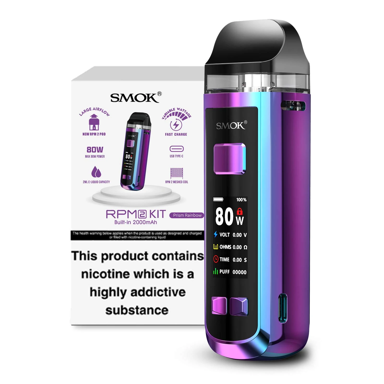 SMOK RPM 2 Vaping Kit, Sleek Design, Advanced Features, Exceptional Performance, 2mL Capacity, Powerful, Versatile, E Cigarettes, E Cig, Starter Kit, SMOK Vaping, No Nicotine (Prism Rainbow)