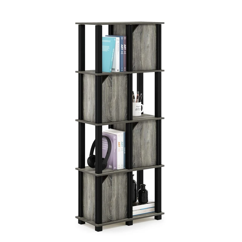 Furinno Brahms 5-Tier Storage Shelf with 4 Doors, French Oak Grey/Black