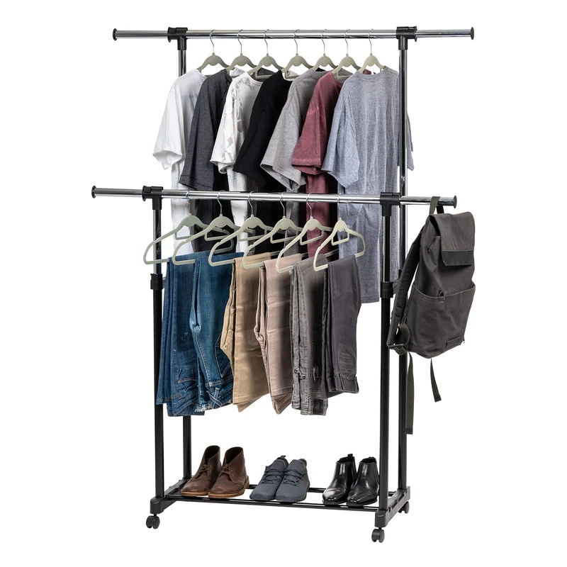 Iris Ohyama Adjustable and Extendable Double-Rod Clothes Garment Rack with Lockable Wheels, Black