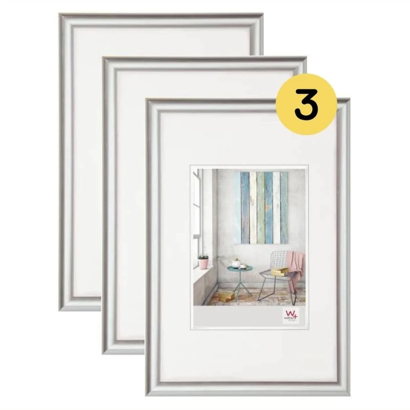 walther design Picture Frame Silver 30 x 45 cm 3-Pack, Trendstyle Plastic Frame KP045S3