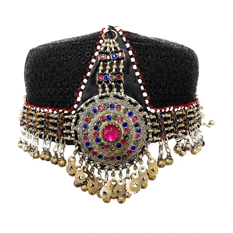 Duel On Jewel Turkish Ottoman Kayi Tribal Black Hat with Dangling Chains and Beads, Multicolor Stones, Medallion, Oxidized Antique Finish, Belly Dancer Costume Party Headpiece - Halime Ertuğrul - Image 1