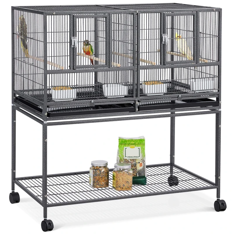 Yaheetech Wrought Metal Stackable Wide Rolling Bird Cage Divided Breeder Cage for Cockatiels Parrots Budgies, Black