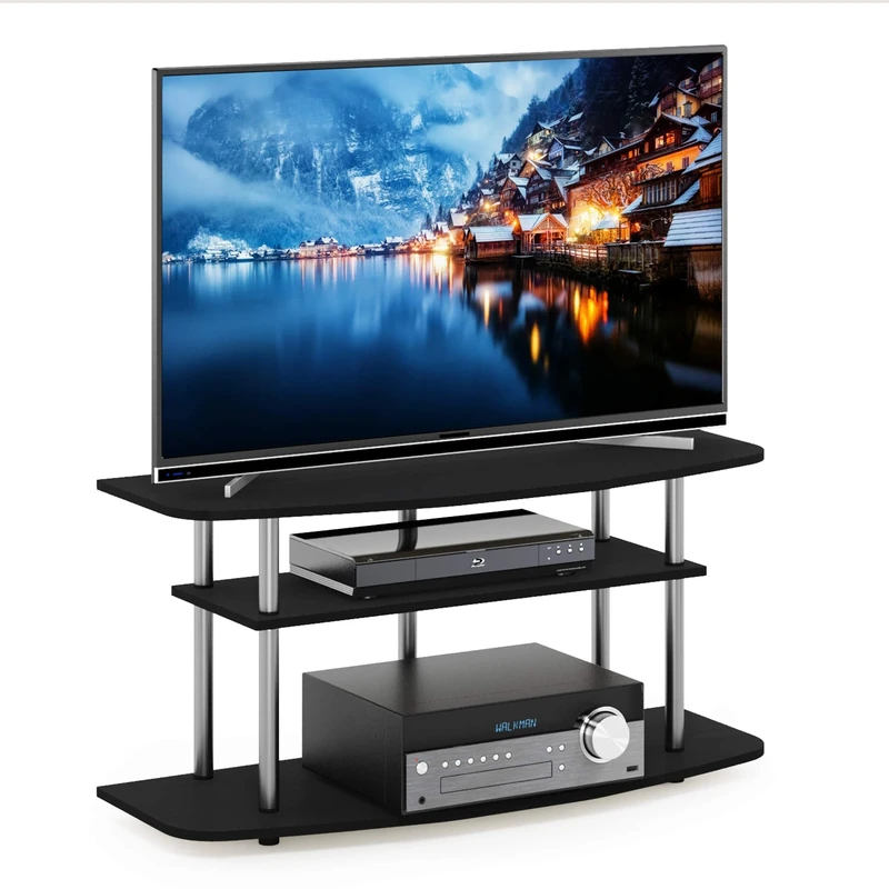 Furinno TURN-N-TUBE TV Stand, 3-Tier Entertainment Center,TV Console for TV up to 46 Inch, for Living Room, Bedroom, Black Oak