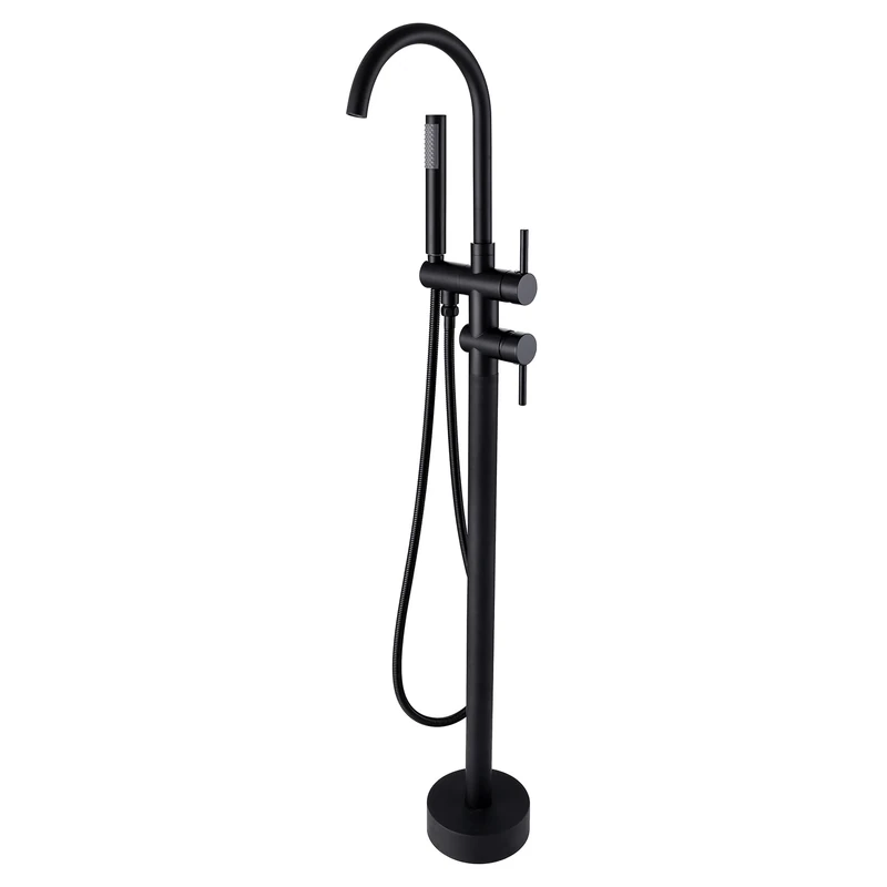 TapLong Floor Mount Bathtub Faucet Freestanding Bathtub Faucet Matte Black Tub Filler Brass Single Handle with Hand Shower High Flow Rate Max 6 GPM (Matte Black)