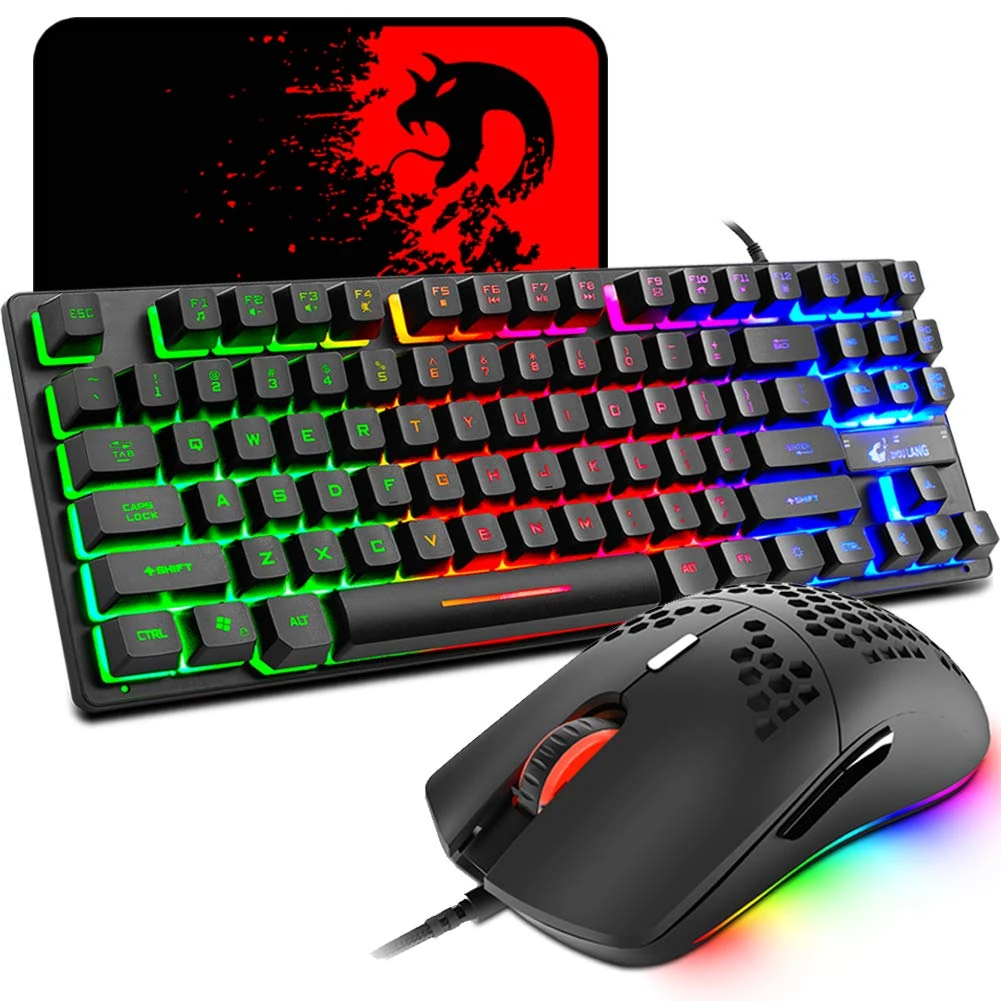 87 Keys Gaming Keyboard Mouse and Mouse Pad 3 In1 Set USB Wired Rainbow Keyboard and Lightweight RGB Gaming Mouse, 6400 DPI Adjustable, 6 Programmed Buttons, Compatible with Laptop PC Game and Work