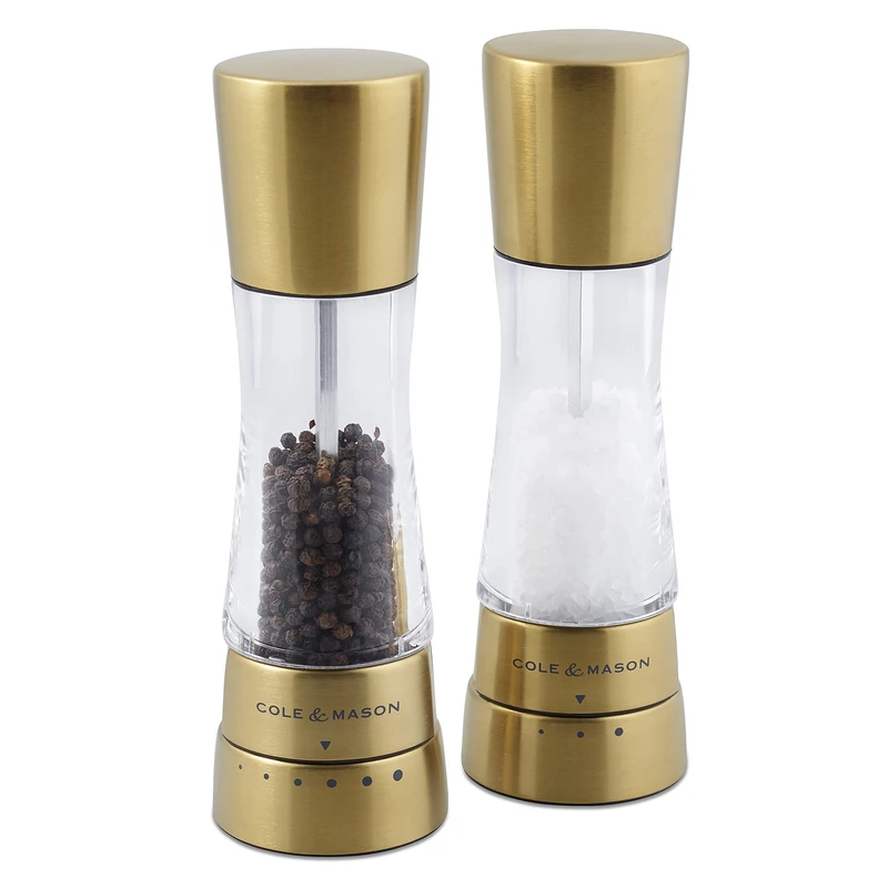 Cole & Mason Derwent Matt Gold Salt and Pepper Mills, Adjustable Grind Settings, Gourmet Precision+, Stainless Steel/Acrylic, 190 mm, Gift Set, Includes 2 x Salt and Pepper Grinders