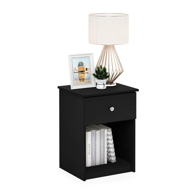 Furinno TIDUR Night Stand, Nightstand with Drawer, Bedside Table, End Table, Side Table with Storage Shelf, Knob Handle Drawer, for Bedroom, Living Room, Black Oak
