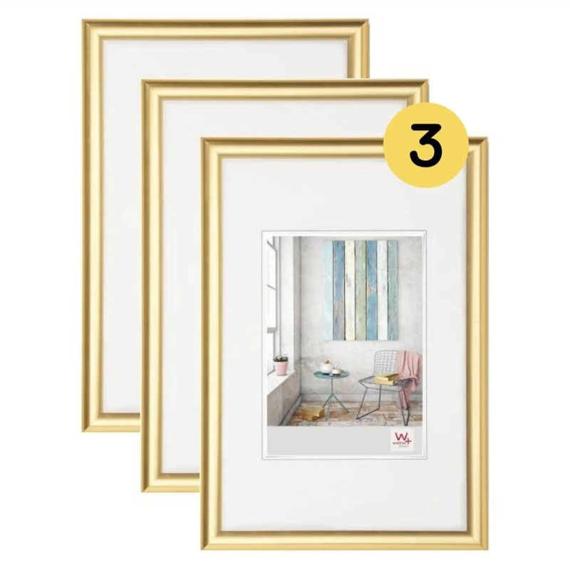 walther design Picture Frame Gold 30 x 45 cm 3-Pack, Trendstyle Plastic Frame KP045G3