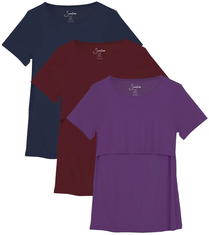 Sosolism Fitted Women's Maternity Nursing Tops Comfy Breastfeeding Shirt 3-Pack,Red/Blue/Purple,2XL