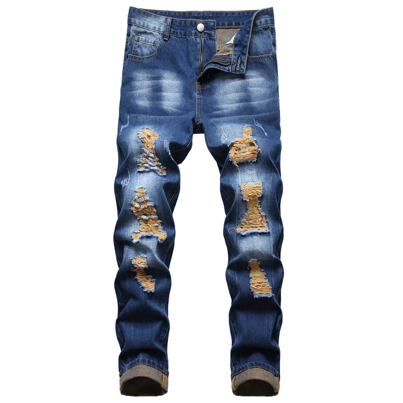 QIMYUM Mens Ripped Jeans, Distressed Destroyed Slim Fit Straight Leg Denim Pants, Dark Blue891, 42 - Image 1