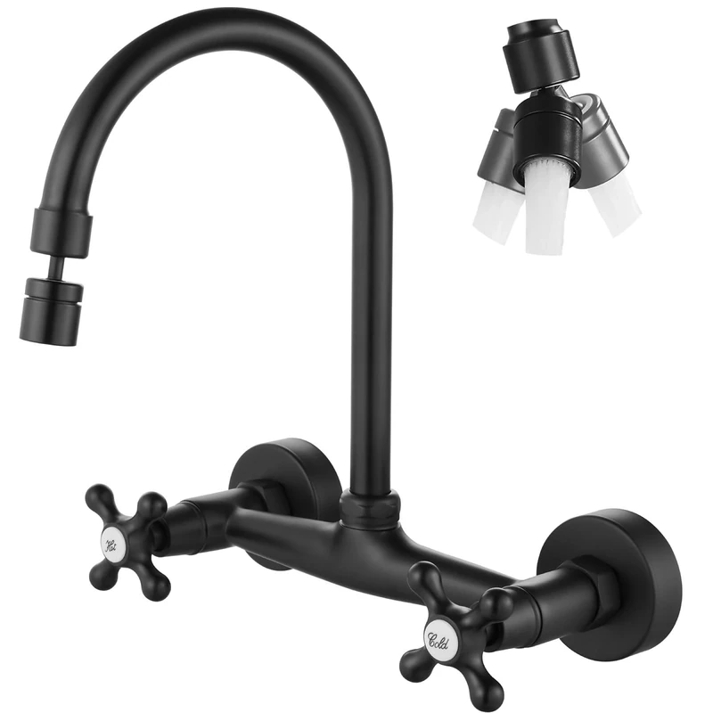 Airuida Matte Black Wall Mount Kitchen Sink Faucet 8 Inch Center Double Cross Handles 360 Degree Swivel Spout Kitchen Mixer Tap Commercial