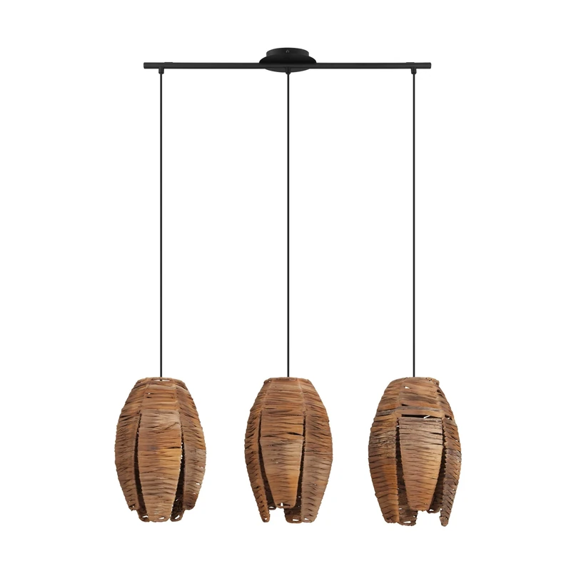 Eglo Pendant Light Mongu 1, 3-Light Hanging Lamp Vintage, African, Boho, Pendant Lamp Made of Bast and Steel, Dining Table Lamp, Hanging Living Room Lamp in Natural, Black, E27 Socket