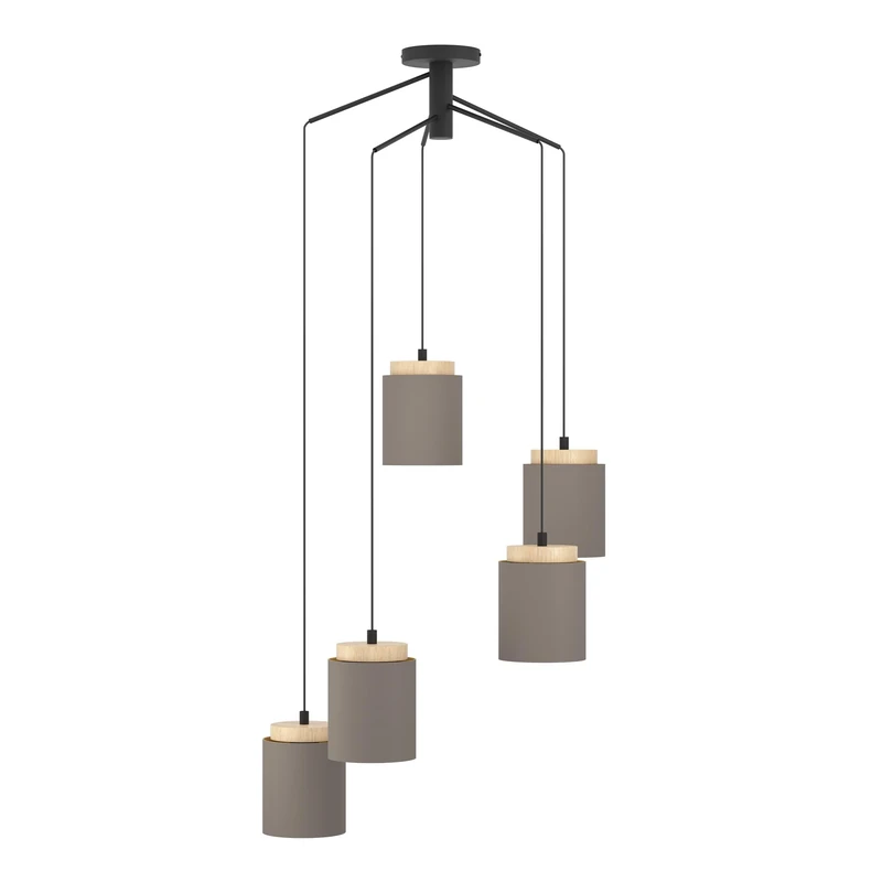 EGLO Albariza Pendant Light, 5-Bulb Vintage Pendant Light, Steel, Wood and Textile in Black, Natural, Cappuccino, Gold, Dining Table Lamp, Living Room Lamp Hanging with E27 Socket