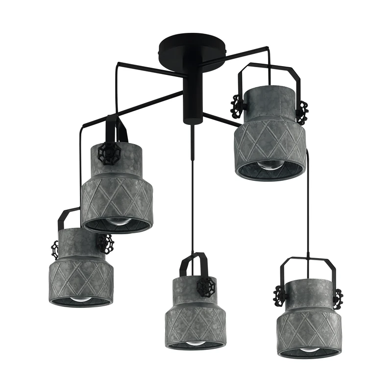 EGLO Hilcott Pendant Light, 5-Bulb Vintage Industrial Pendant Light Made of Steel in Black, Galvanised, Dining Table Lamp, Living Room Lamp Hanging with E27 Socket, Diameter 67.5 cm