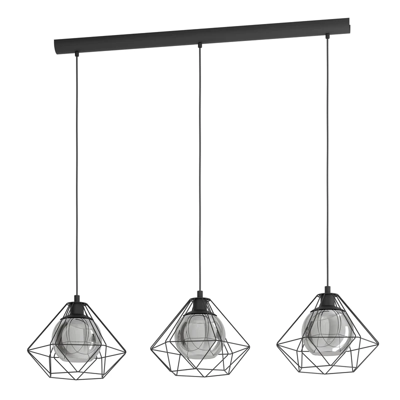 Eglo Pendant Light Vernham, 3-Light Hanging Lamp Vintage, Industrial, Retro, Suspension Lamp Made of Steel and Smoked Glass, Black, Dining Table Lamp Hanging with E27 Socket