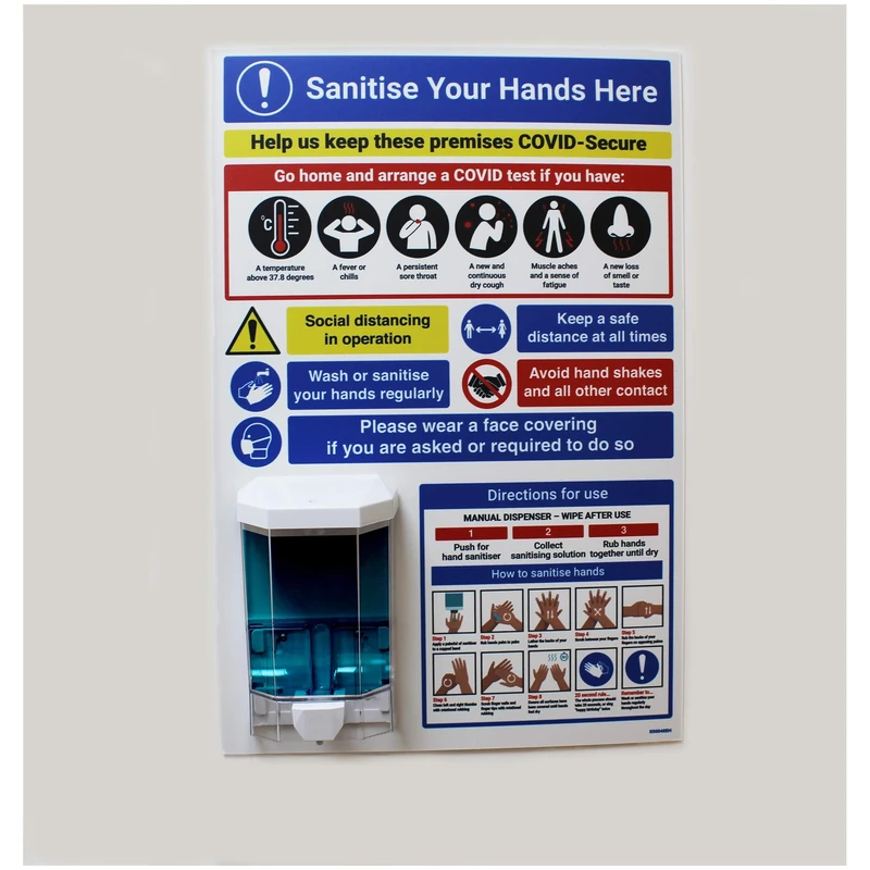 Vsafety Sanitise Hands Here Board For Manual Dispenser - 400mm x 600mm - 2mm Rigid Plastic