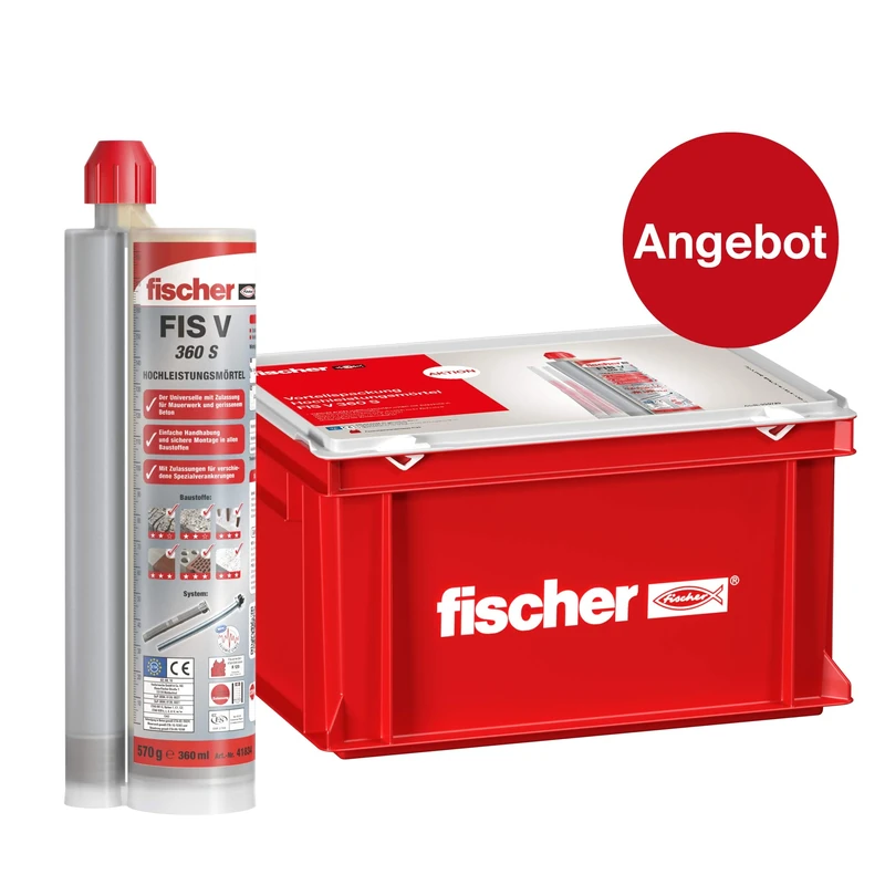fischer 558725 Injection Mortar for Anchoring in Cracked Concrete and Masonry-20 x Cartridges FIS V 360 S and 40 x Static Mixer-360 ml, Grey