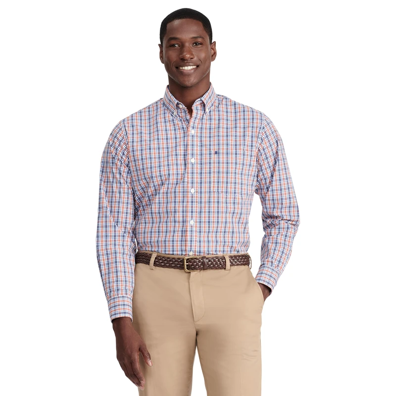 Izod Men's Performance Comfort Long Sleeve Plaid Button Shirt, Orange Rust Bw002, XL
