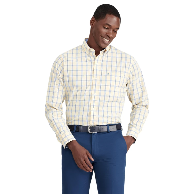 Izod Men's Performance Comfort Long Sleeve Plaid Button Shirt, Golden Cream Bw001, S - Image 1