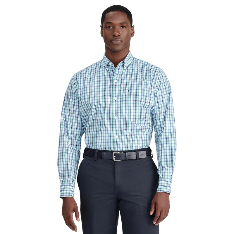 Izod Men's Performance Comfort Long Sleeve Plaid Button Shirt, Deep Sea, Large