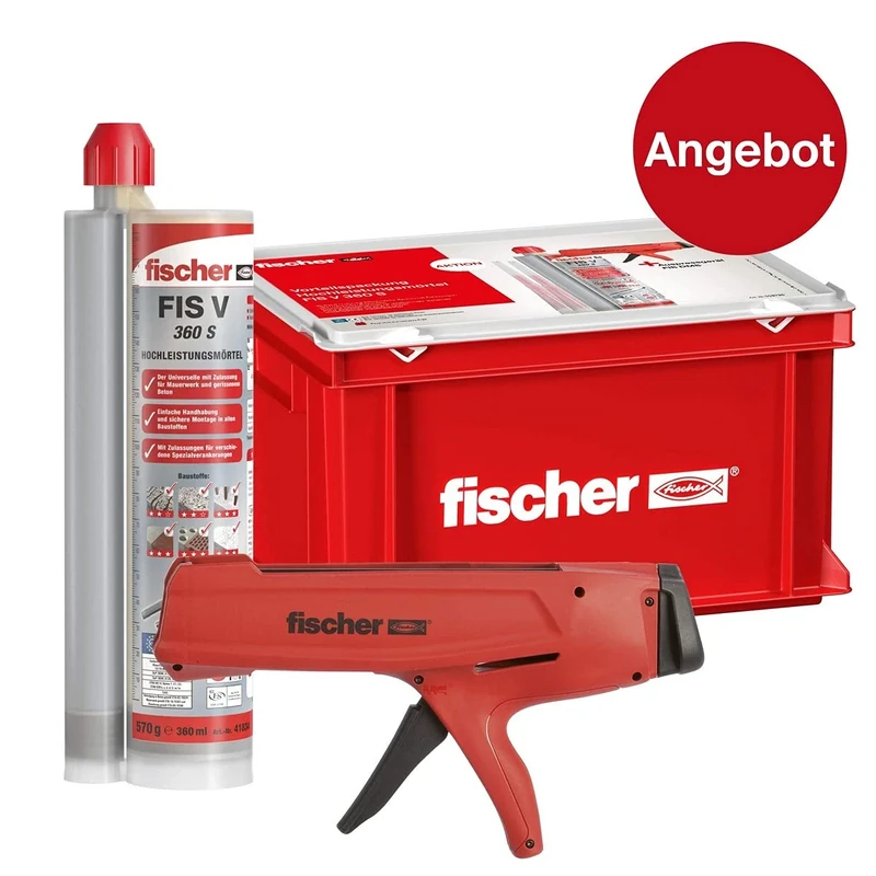 fischer 558726 Tradesman's Case Tool-Injection Mortar for Anchoring in Cracked Concrete and Masonry-12 x Cartridges FIS V 360 S, 24 x Static Mixers, 1 x DMS Extractor Device, Grey