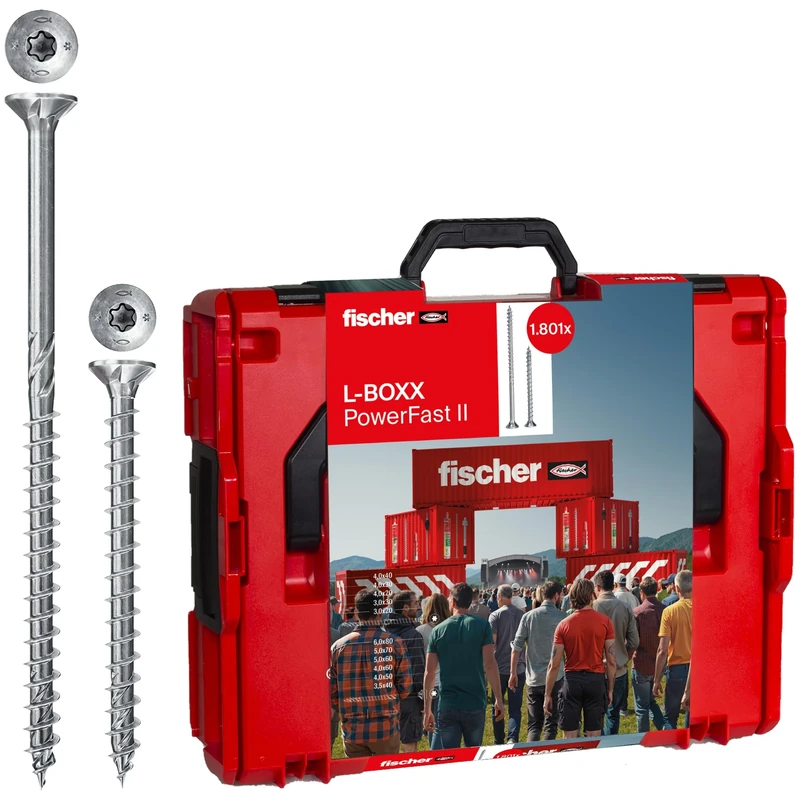 fischer In handy L-Boxx, 1800 x PowerFast II screws in various sizes with full and partial thread, chipboard screw for quick and flexible processing, includes bit set