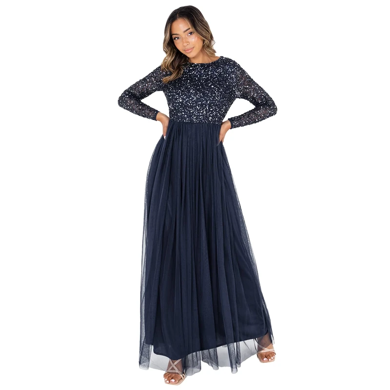 Maya Deluxe Women's Maya Deluxe Women's Maya Embellished Long Sleeve Maxi Bridesmaid Dress, Navy, 16 UK