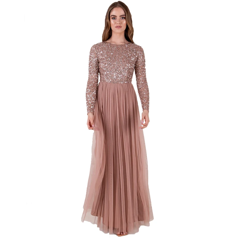 Maya Deluxe Women's Maya Pale Mauve Embellished Long Sleeve Maxi Dress Bridesmaid, 6