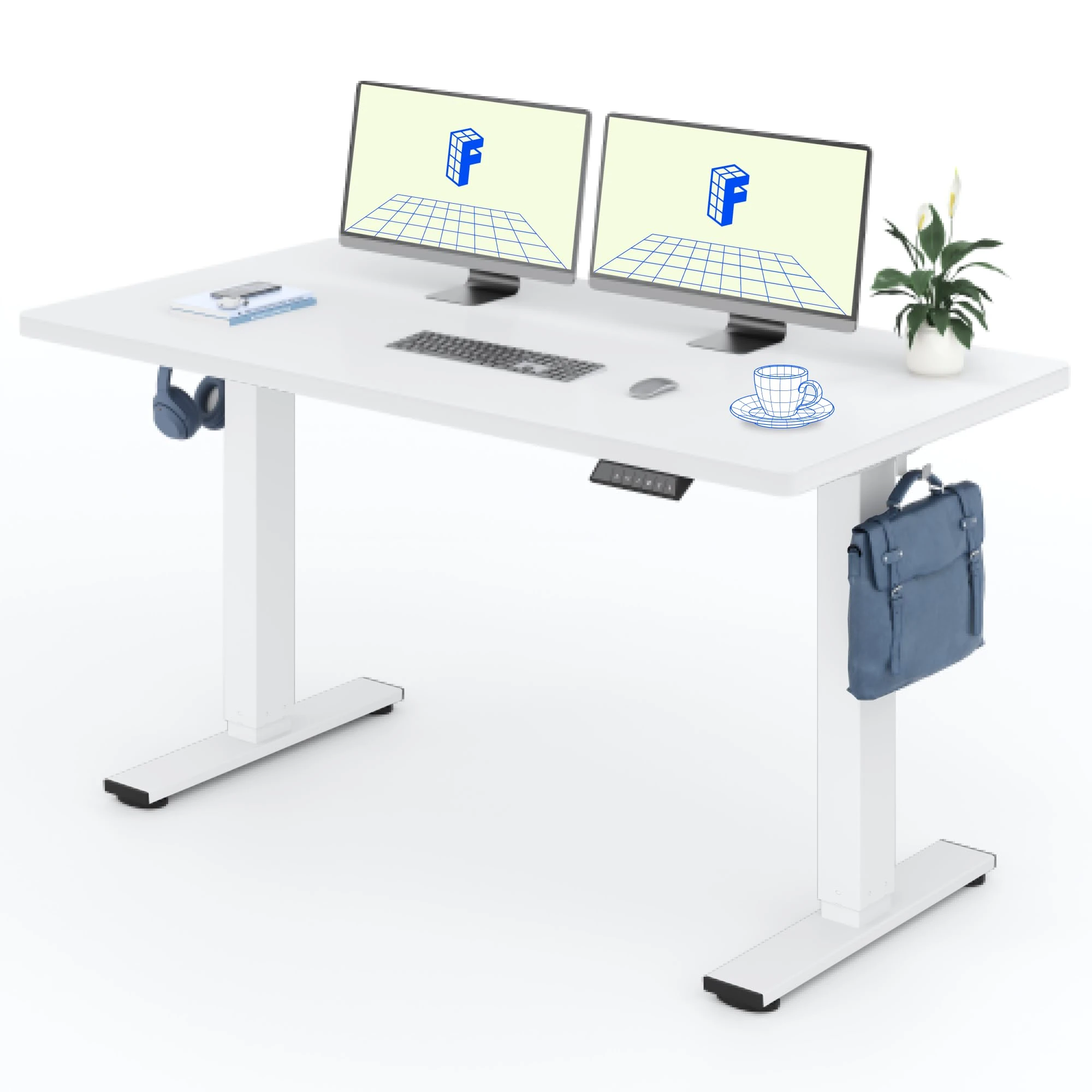 FLEXISPOT EG1 Standing Desk 140 x 80 x (73-123 cm) Electric Height Adjustable 2-Tier Electric Desk with Single Motor, Home Office, 2 Button Panel (White Frame+White Tray)