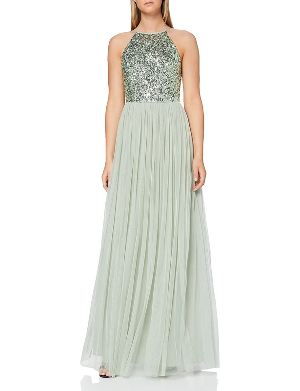 Maya Deluxe Women's Ladies Bridesmaid Maxi Dress Halter Neck Sequin Embellished Prom Graduation Wedding, Green, 10