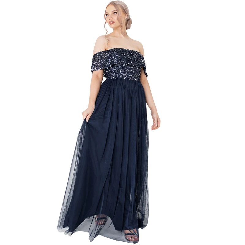 Maya Deluxe Womens Ladies Bardot for Maxi Embellished Hight Empire Waist Sleeveless Tulle Wedding Guest Prom Graduation Bridesmaid Dress, Navy, 10 UK - Image 1