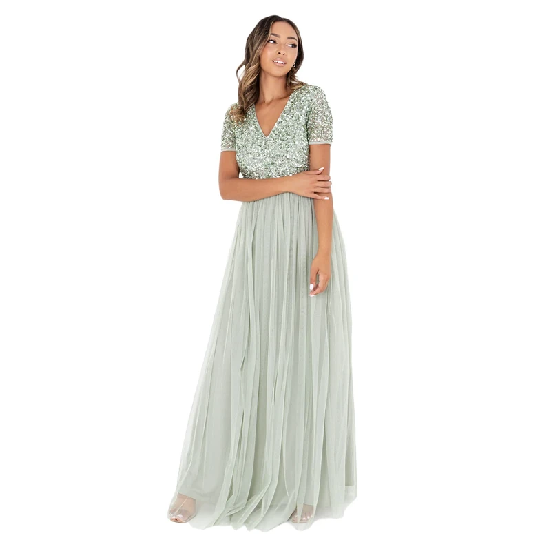 Maya Deluxe Women's Maya Green Lily V Neckline Embellished Maxi Dress Bridesmaid, 6