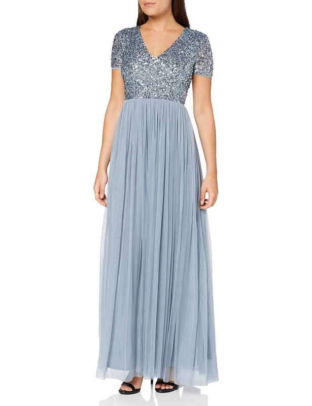 Maya Deluxe Women's Maya Dusty Blue V Neckline Embellished Maxi Dress Bridesmaid, 6