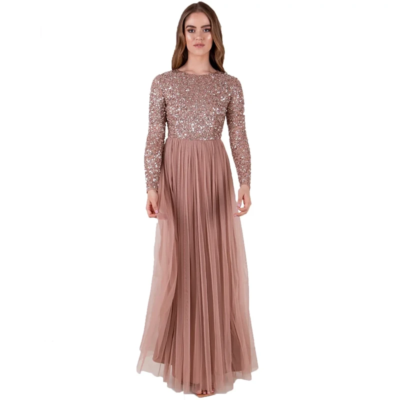 Maya Deluxe Women's Maya Deluxe Women's Maya Embellished Long Sleeve Maxi Bridesmaid Dress, Mauve, 14 UK