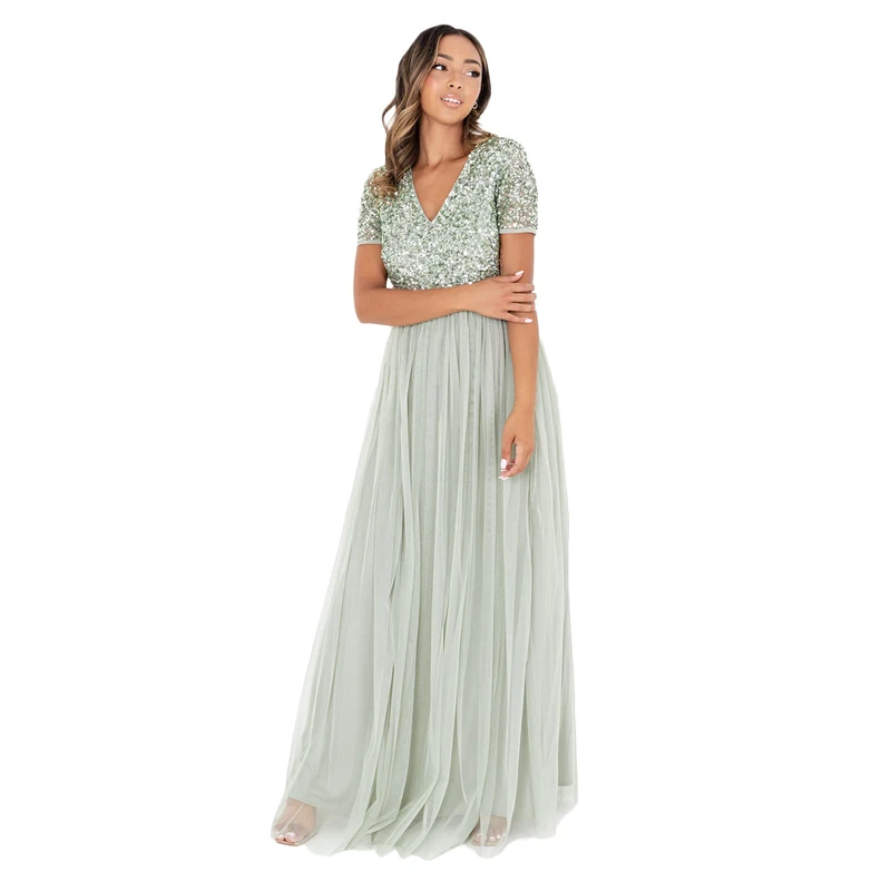 Maya Deluxe Women's Maya Green Lily V Neckline Embellished Maxi Dress Bridesmaid, 8