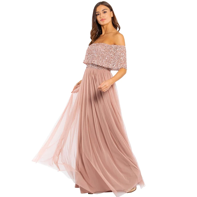 Maya Deluxe Women's Maya Pale Mauve Bardot Embellished Maxi Dress Bridesmaid, 8