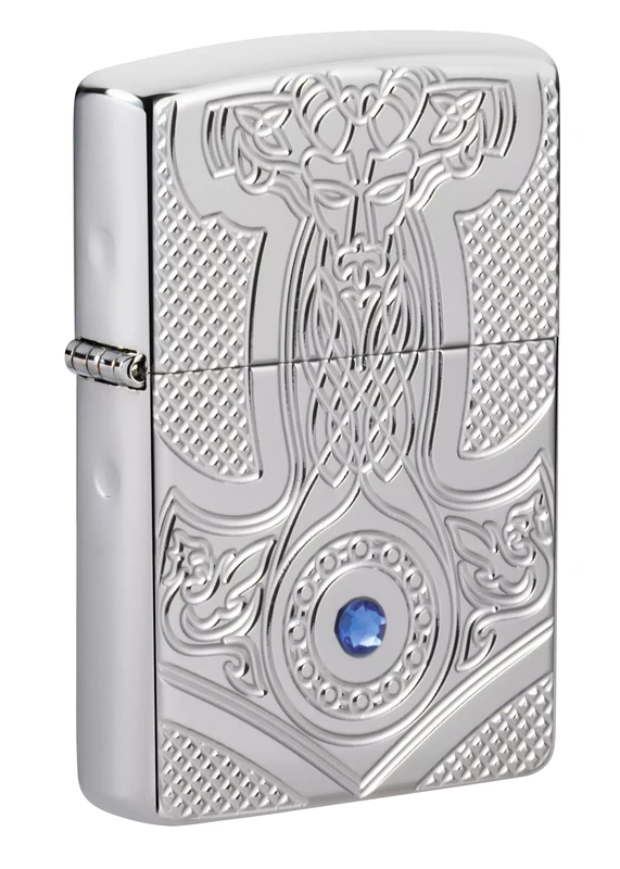 Zippo Windproof Lighter, Medieval Design – High Polished Chrome, Deep Carve Crystal Attached – Refillable, Reusable, Windproof Design – Comes in Gift Box – Made in USA - Image 1