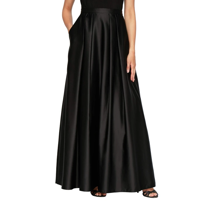 Alex Evenings Women's Full Length Formal Maxi Skirt Special Occasion Dress, Black Satin Pleated, M Petite