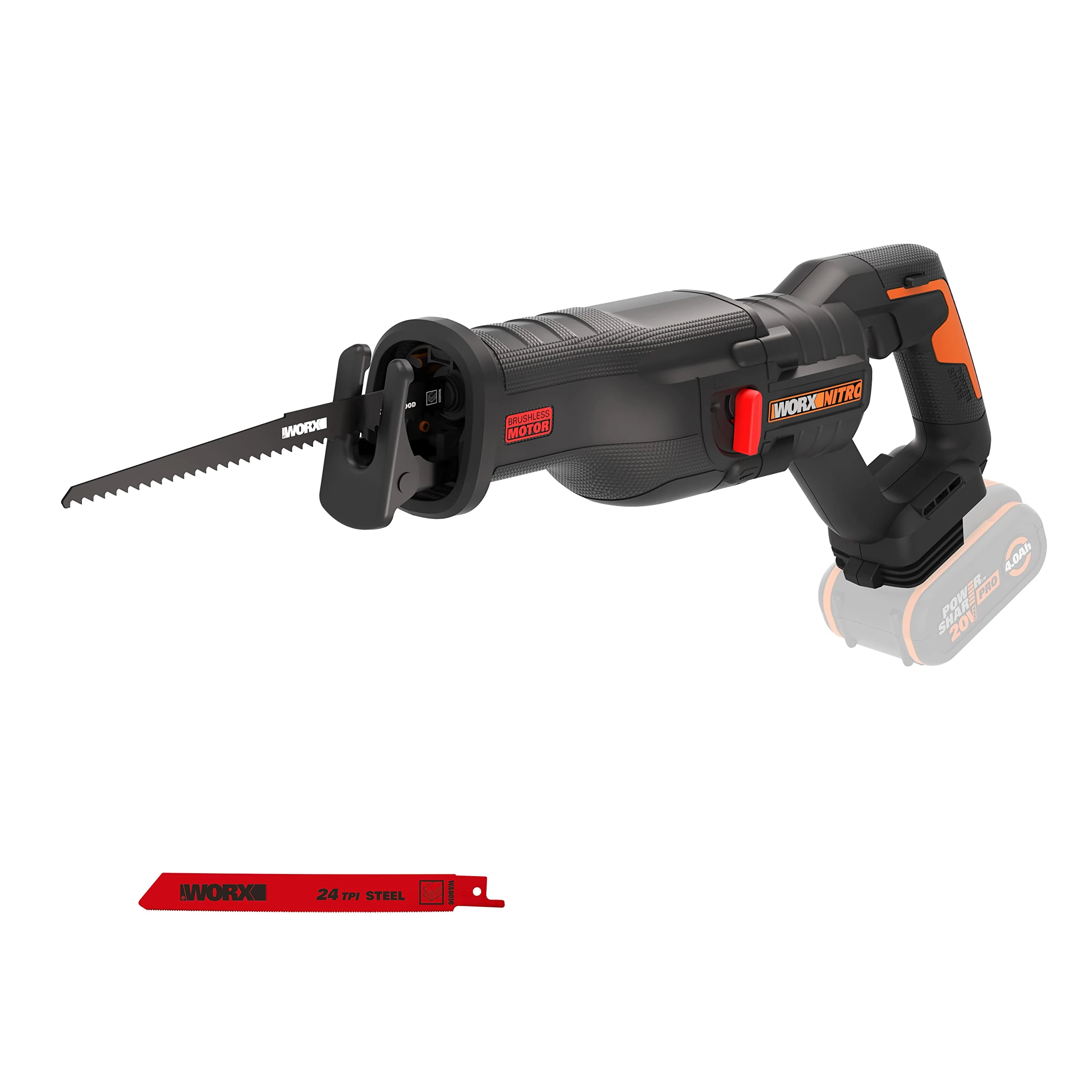Worx Nitro 18V(20V MAX) Cordless Reciprocating Saw, PowerShare, Brushless, Quick Blade Change, Variable Cutting Speed, 1x Wood Cutting Blade and 1x Metal Cutting Blade Included, WX516.9