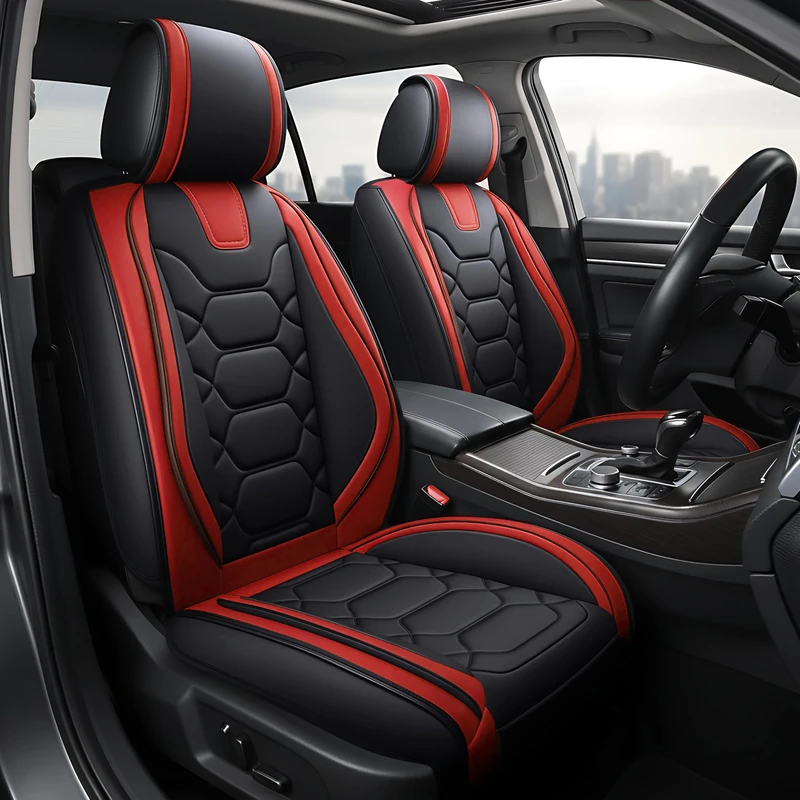 OASIS AUTO Car Seat Covers Premium Waterproof Faux Leather Cushion Universal Accessories Fit SUV Truck Sedan Automotive Vehicle Auto Interior Protector Front Pair (OS-004 Black&Red)