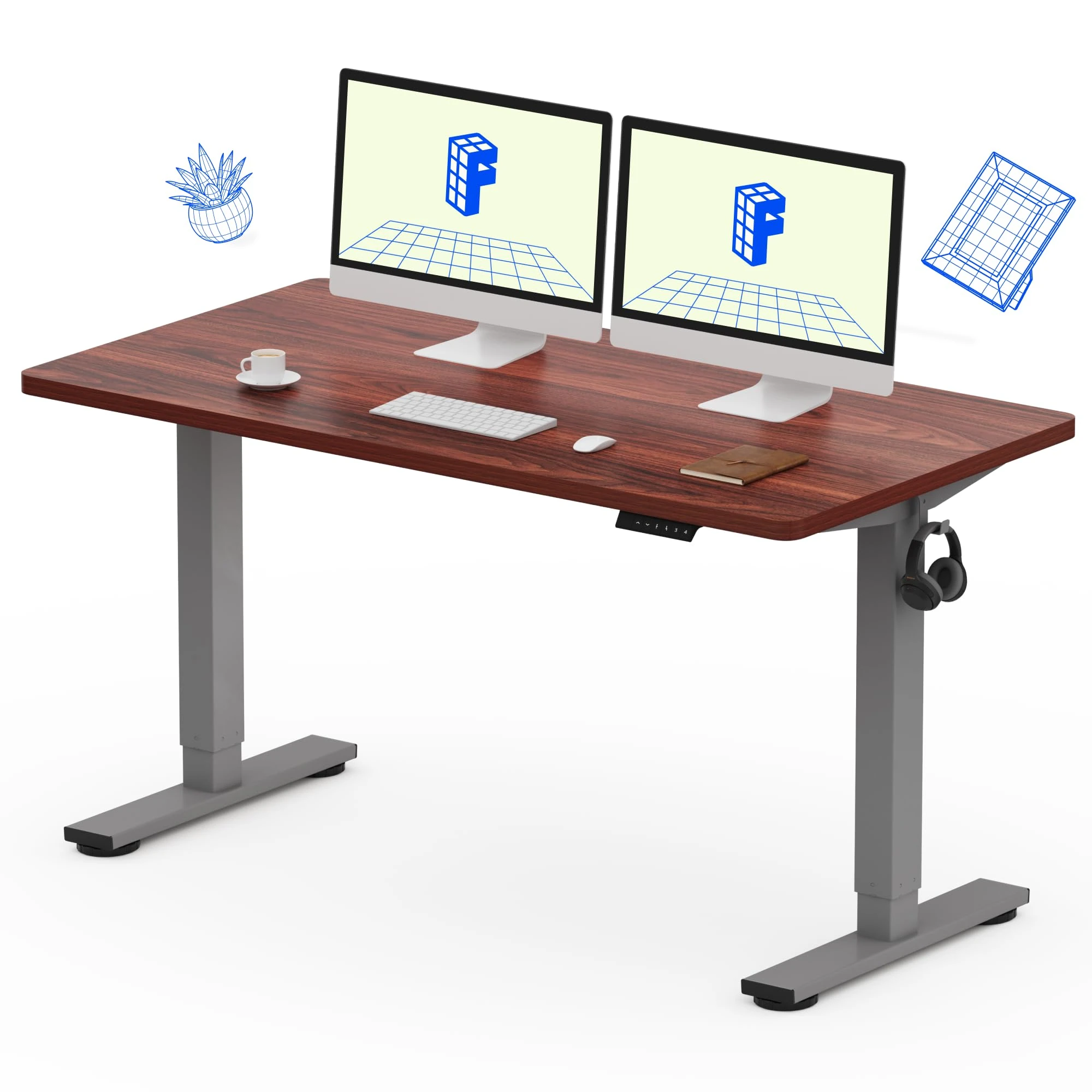 FLEXISPOT EC1S-EU+PR1407-Mahogany Home Desk, Metal Engineered Wood, Grey Frame+Mahogany Tray, 140x80 cm