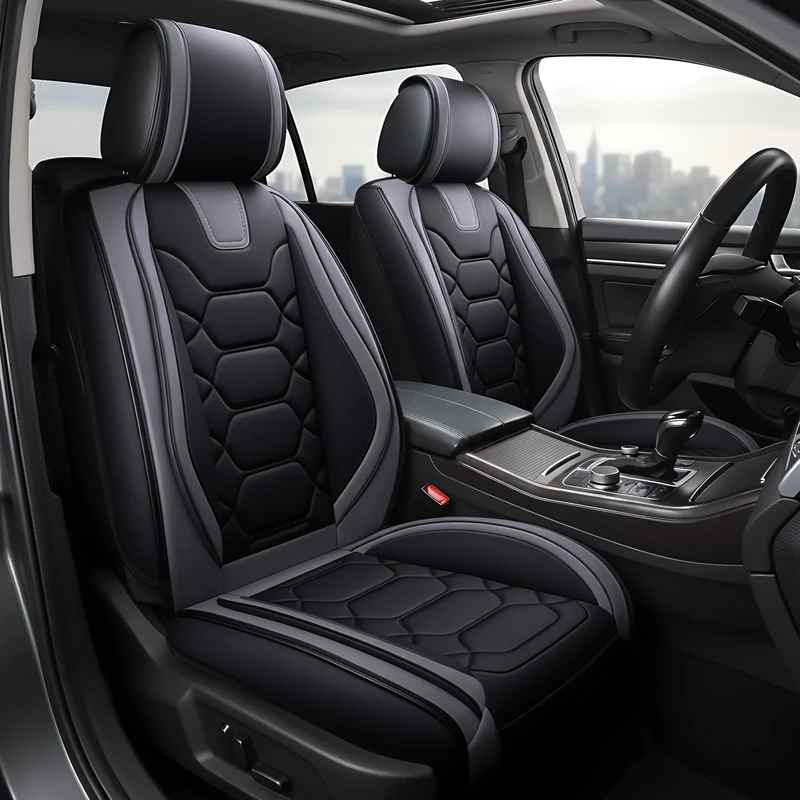 OASIS AUTO Car Seat Covers Accessories Full Set Premium Nappa Leather Cushion Protector Universal Fit for Most Cars SUV Pick-up Truck, Automotive Vehicle Auto Interior Décor (OS-004 Black&Gray)