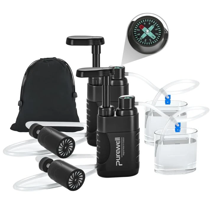 Purewell Water Filter Pump for Camping - Portable Water Purifier with 0.01 Micron Filter, Removes Bacteria - Emergency Survival Water Filtration System for Hiking, Travel & Outdoor Adventures