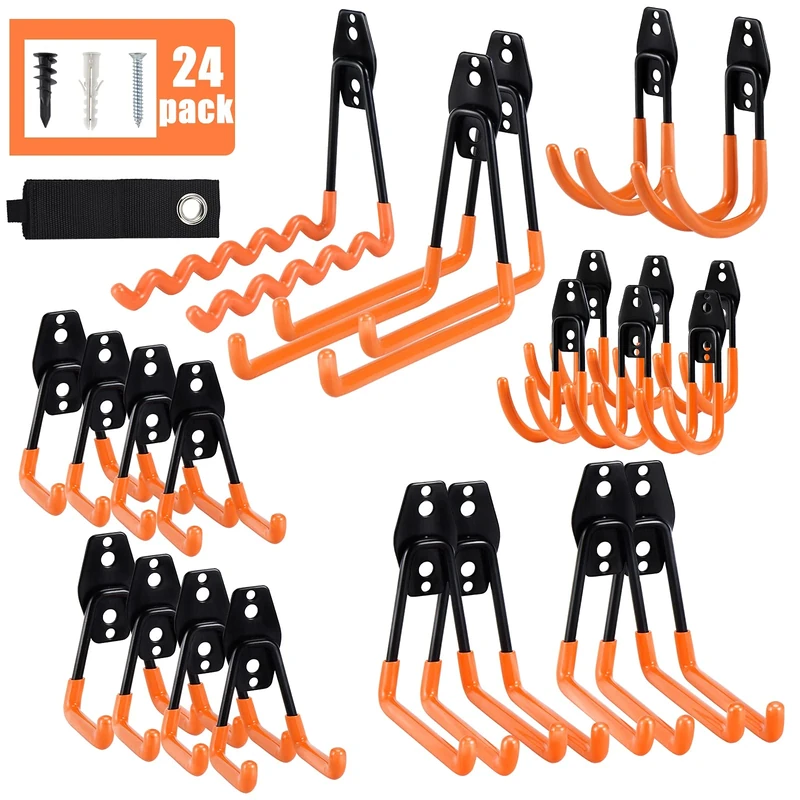 AOBEN Heavy Duty Garage Hanger Organizer, 24Pack Anti-Slip Double Wall Storage Hooks for Ladder, Power Tool, Bike, Ropes (23 Hooks & 1 Holder Strap) - Orange