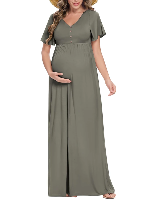 Peauty Maternity Maxi Dress Summer with Decorative Button (S-3XL)/Short Flutter Sleeve Flowy Dress Baby Shower Photoshoot, Green Gray, L