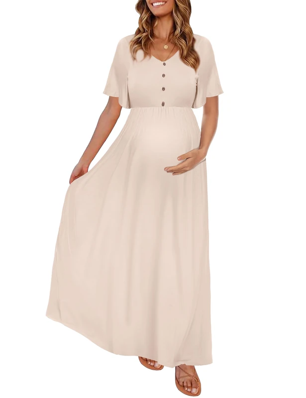 Peauty Summer Maternity Dresses for Women Maternity Photoshoot Dress with Decorative Button Baby Shower Dress, Light Mocha, M